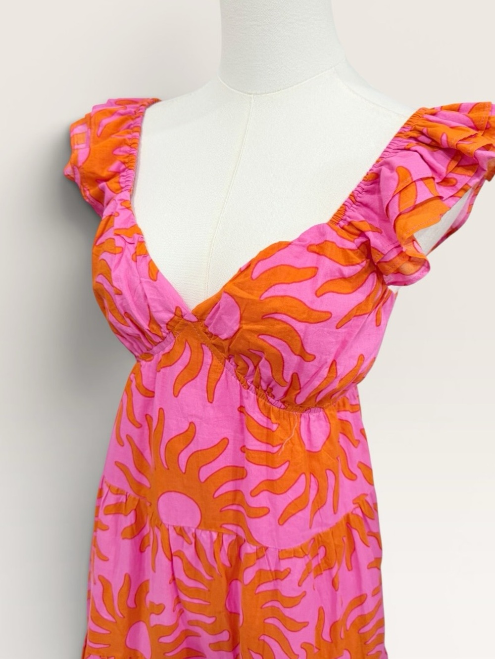 J.Marie Mara Ruffle Strap Tie Back Pink Orange Sun Print Cotton Midi Dress NWT - Picture 4 of 16